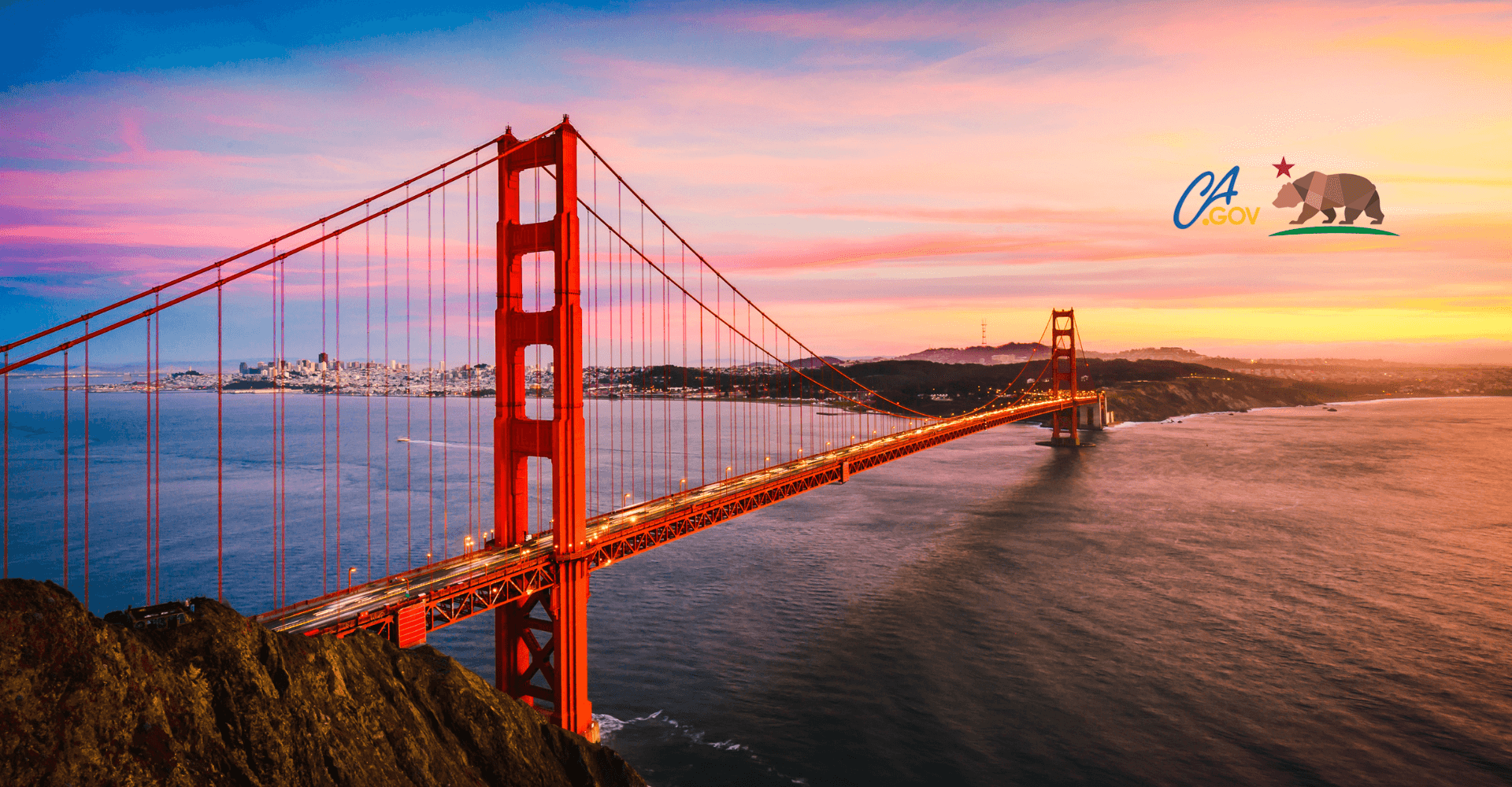 San Francisco Golden Gate bridge with view of sunset and ca.gov logo.