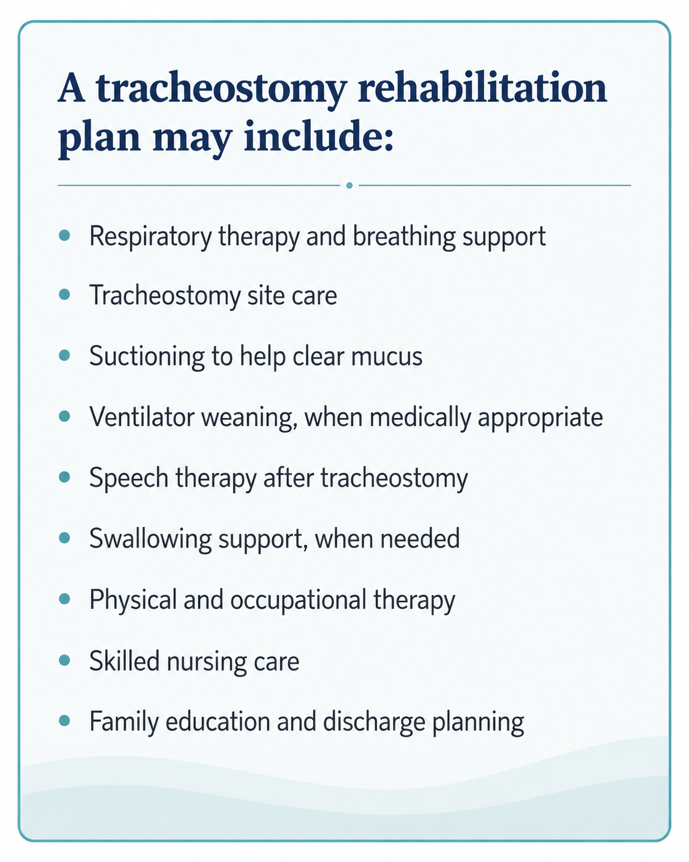 A tracheostomy rehabilitation plan may include: · Respiratory therapy and breathing support · Tracheostomy site care · Suctioning to help clear mucus · Ventilator weaning, when medically appropriate · Speech therapy after tracheostomy · Swallowing support, when needed · Physical and occupational therapy · Skilled nursing care · Family education and discharge planning
